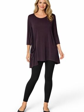 SYMPLI Deep Plum Asymetrical Hemline Tunic Top One Side Pocket Sz 14